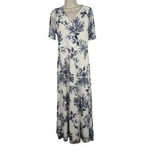 101 Ocean Parkway White Blue Floral Sheer Maxi Dress Women Size S Surplice